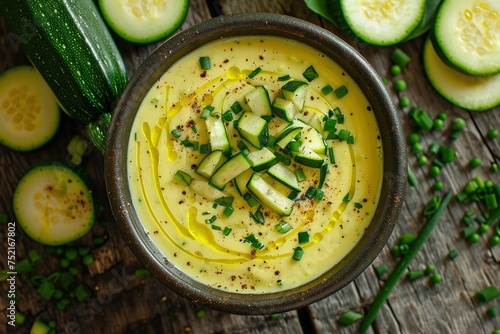 Zucchini cream soup puree in bowl on wooden background