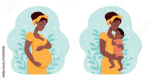 Pregnant black woman with a belly. Mother with a newborn baby. Pregnancy and motherhood. Flat vector illustration.