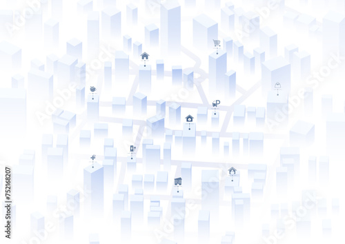 City landscape with poi and markers on the map. Simple minimal town with 3d buildings, urban concept. Exploring available properties, potential choices. Editable vector illustration. White background