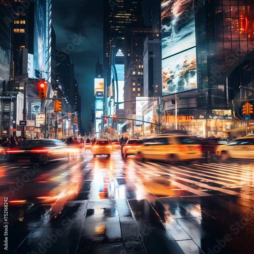 Busy city intersection with blurred lights at night © Cao