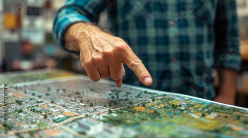 Group of people discussing urban planning and development while pointing at a model city on a table