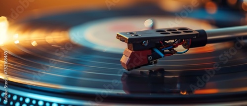Close-up, vintage record player, While playing the record, Black platter.