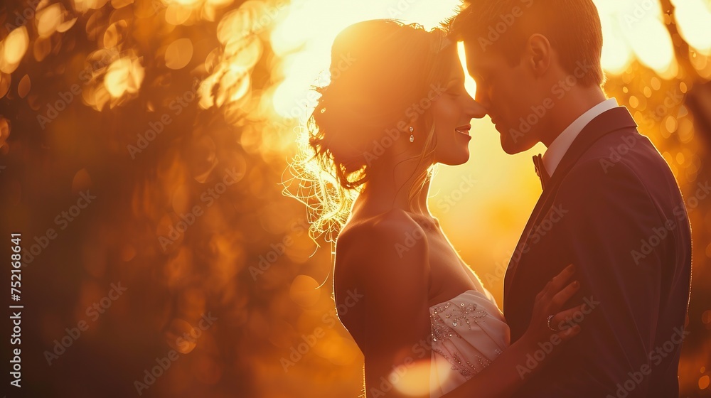 The warmth of a sunset backlights a romantic embrace between a bride and groom, creating an atmosphere of love and affection