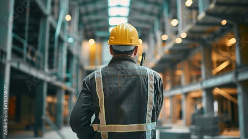 A rear view of a construction manager wearing a safety helmet and reflective vest, gazing at an industrial facility, represents strategic planning and project management.