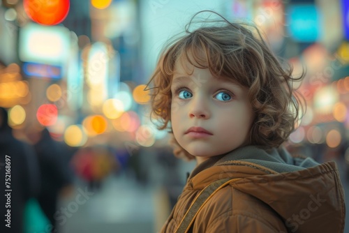 Busy urban environment with a young boy standing in the midst of bustling city streets surrounded by pedestrians and traffic