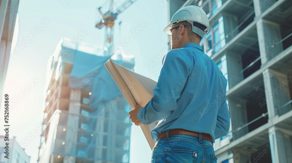 A site supervisor oversees a construction project with blueprints in hand, embodying the essence of field management and operational oversight in the construction industry.