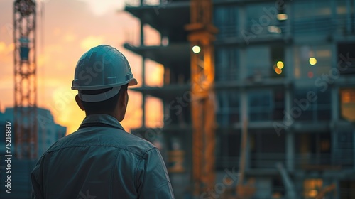 As the day ends, a construction professional examines a development site, symbolizing project assessment and strategic planning in urban construction
