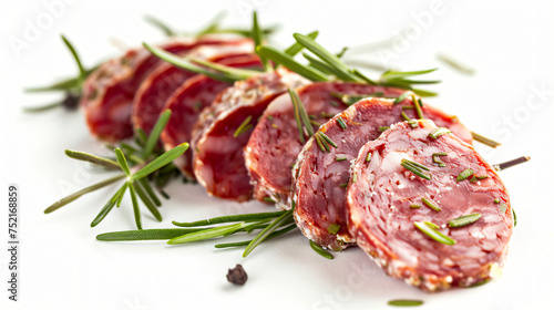 Slices of green pepper coated salami with rosemary o