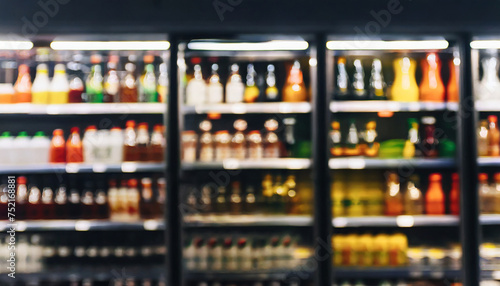 Blurred background of supermarket fridge with bottles of beverages on shelves. Glass showcase.
