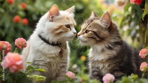 Beautiful cats kissing on the garden background. © Naila