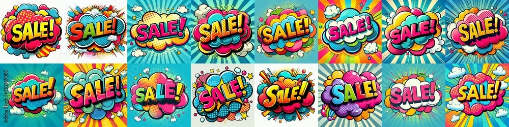 Sale! on a cloud in bright colors, pop-art style. AI generated illustration Sale! on a cloud in bright colors, pop-art style. AI generated illustration