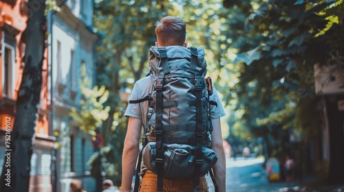 A solo backpacker explores a city street lined with lush trees, embodying the spirit of urban adventure and independent travel.