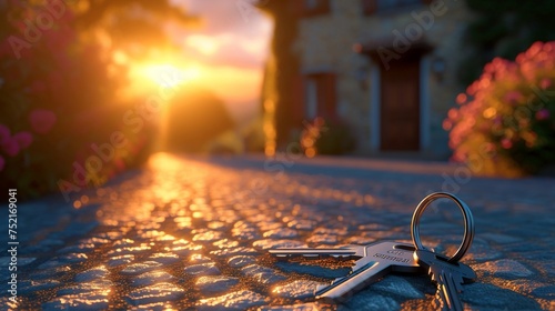 Keys left on the ground in front of a house at sunset with the sun setting in the background photo