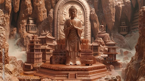 Intricate 3D Animation of Buddha in Woodwork Style, To provide a visually striking and culturally significant image of a 3D animation of a complex photo