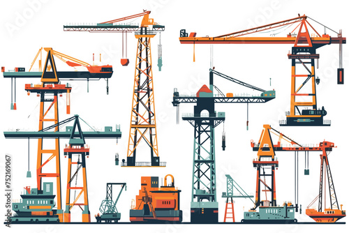 Lifting crane doing heavy lifting. Tower and harbor life vector illustration. Generative AI