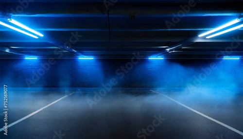 Empty underground parking lot, neon blue lights on the wall, smoke in space.