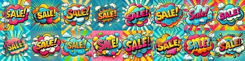 Sale! on a cloud in bright colors, pop-art style. AI generated illustration photo