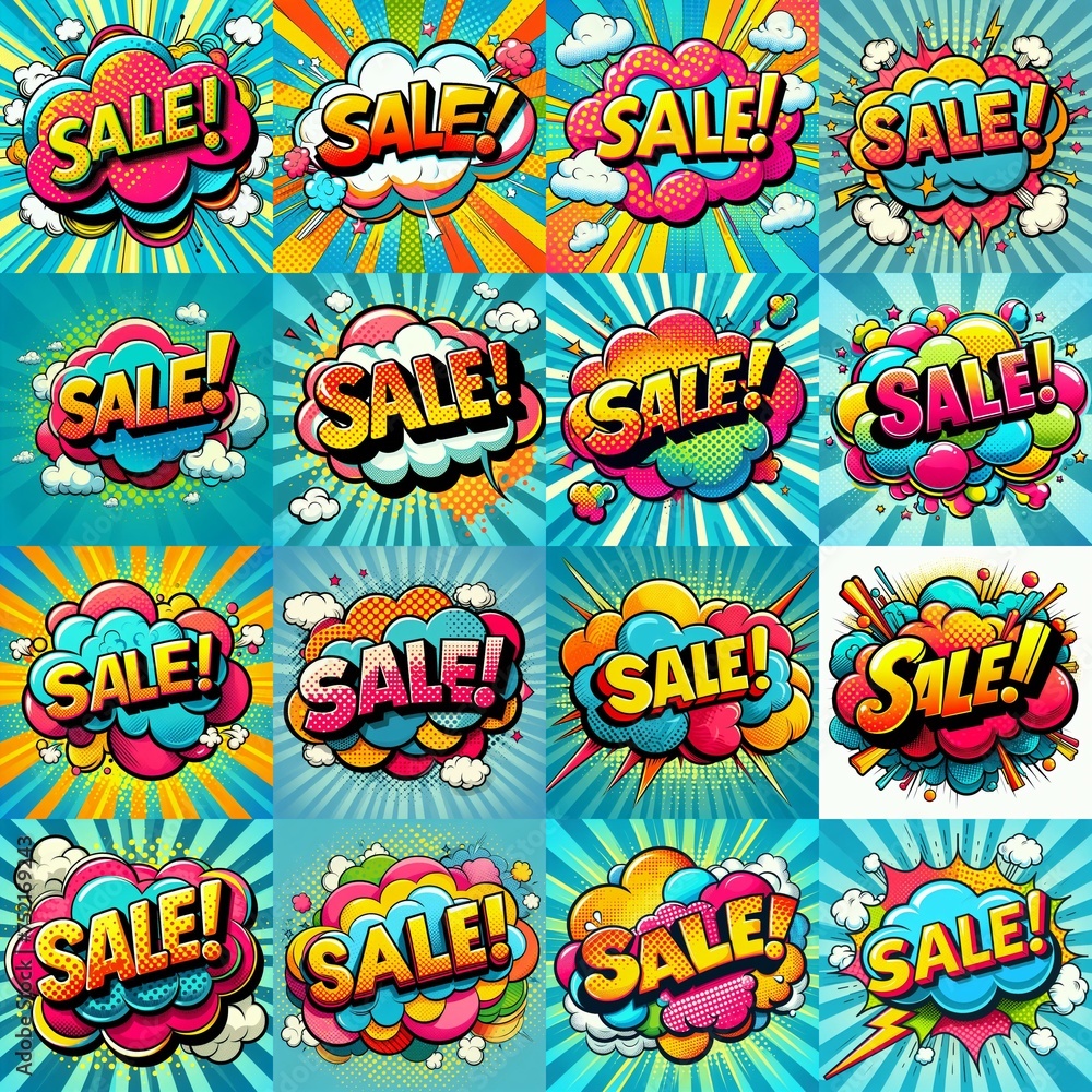 Sale! on a cloud in bright colors, pop-art style. AI generated illustration Sale! on a cloud in bright colors, pop-art style. AI generated illustration