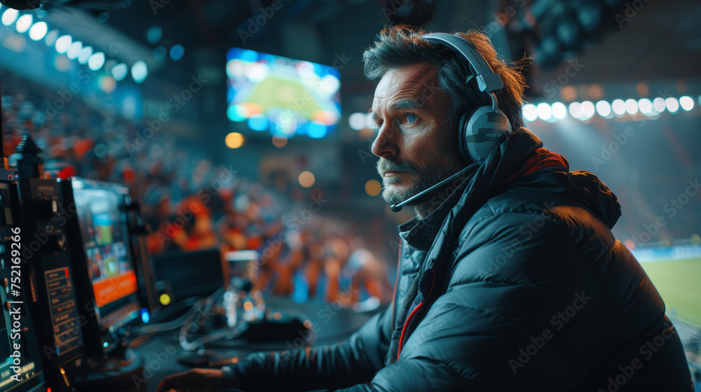 a broadcaster sitting in a stadium sitting in front of a monitor - obrazy, fototapety, plakaty 