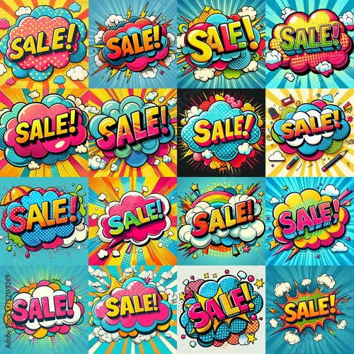 Sale! on a cloud in bright colors, pop-art style. AI generated illustration