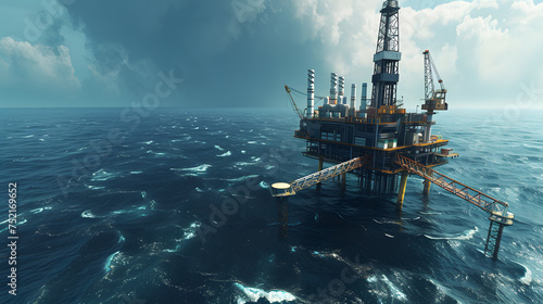 A large offshore upstream oil and gas rig platform strongly built in the middle of the vast ocean.
