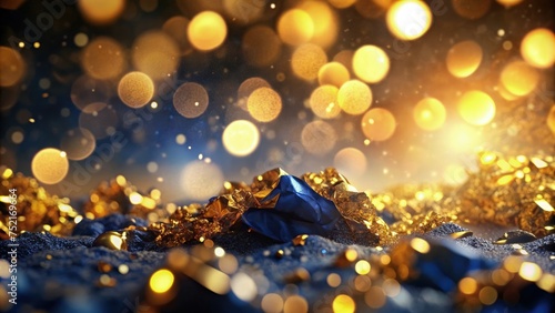 abstract background with Dark blue and gold particle. Christmas Golden light shine particles bokeh on navy blue background. Gold foil texture. Holiday concept. © Musarrof