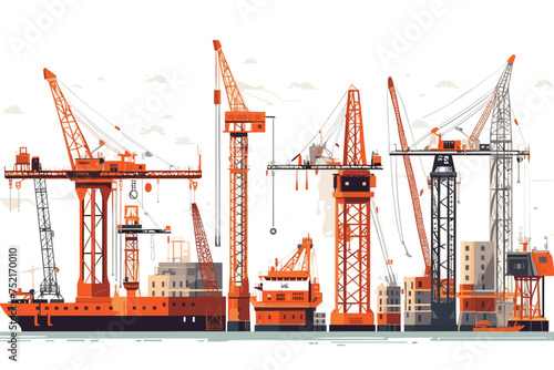 Lifting crane doing heavy lifting. Tower and harbor life vector illustration. Generative AI