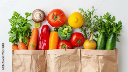 Fresh organic vegetables, fruits, herbs and spices in a recycled paper bag isolated on light grey background with copy space. Shopping or delivery of healthy food. Nutrition, diet, vegan food concept.