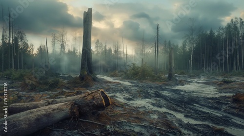 Image of deforested area where the trees have been cut down. photo