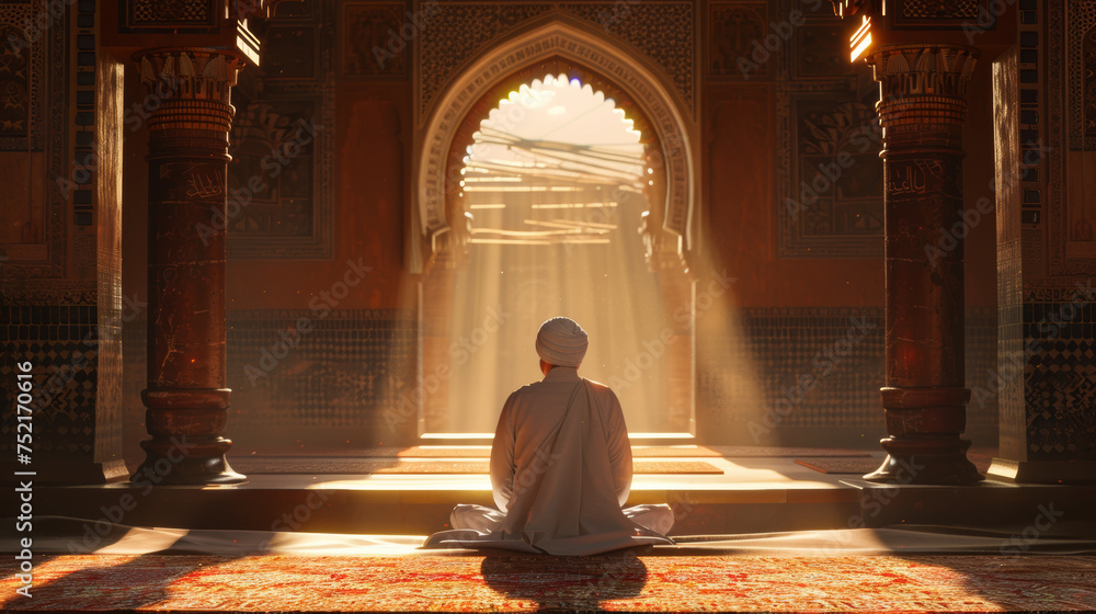 a muslim sitting in front of an archway and the sun a muslim sitting in front of an archway and the sun