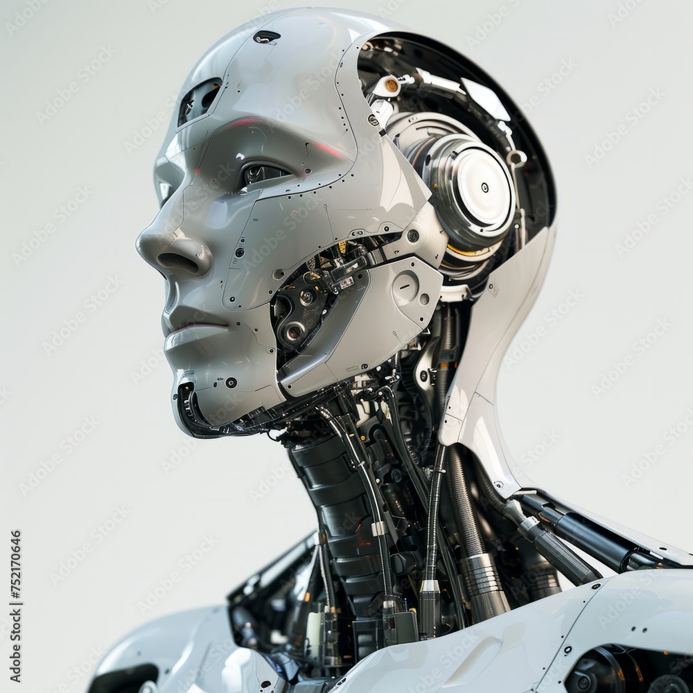 Fototapeta premium Futuristic human android robot face with head full of technology neural system. Concept of artificial intelligence.