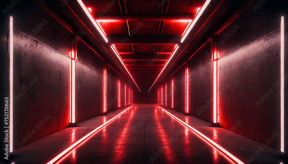 Luminous neon warehouse with concrete grunge design, dark red lights.