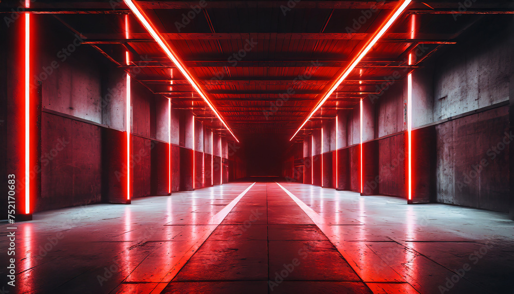 Luminous neon warehouse with concrete grunge design, dark red lights.