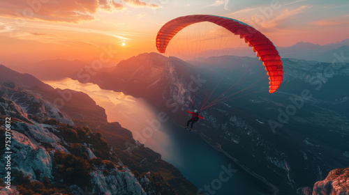 a person parachute over a mountain lake at sunset photo
