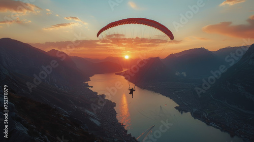 a person parachute over a mountain lake at sunset