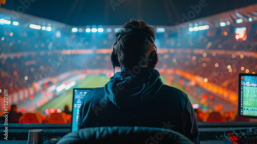 a sports broadcaster sits by his computer looking towards a huge stadium photo