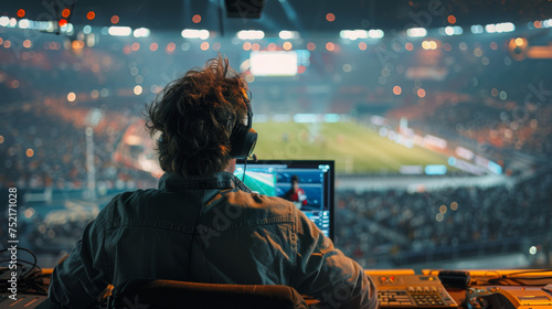 a sports broadcaster sits by his computer looking towards a huge stadium photo