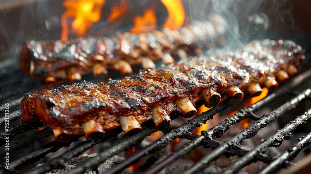 Juicy american bbq ribs sizzling on grill with smoke, cooking over natural charcoal fire Juicy american bbq ribs sizzling on grill with smoke, cooking over natural charcoal fire