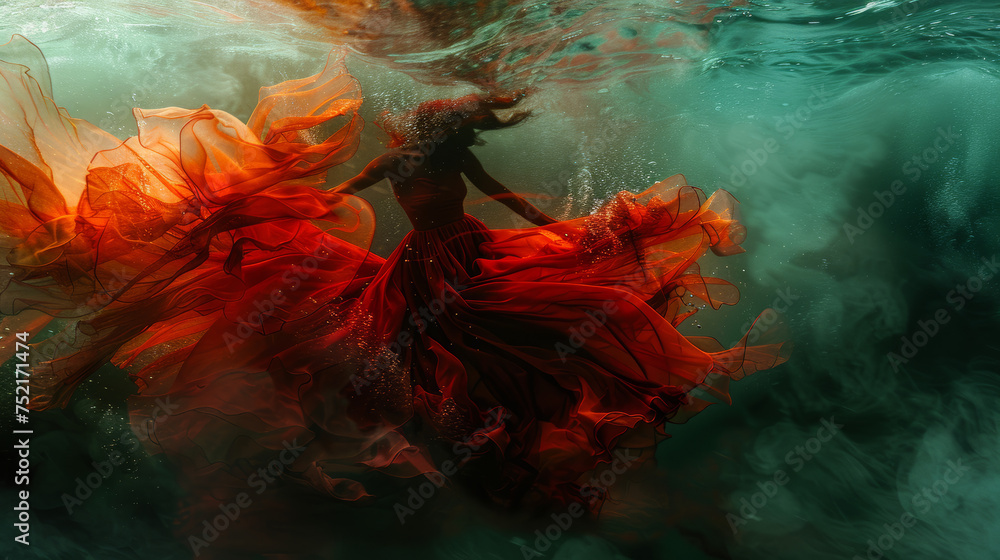 a woman in red is underwater