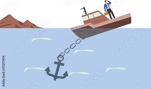 Businessman sinking with a heavy anchor