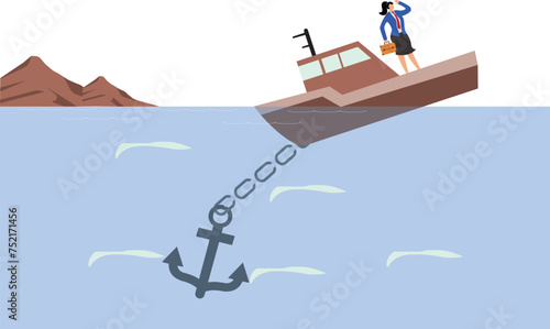 Businesswoman sinking with a heavy anchor