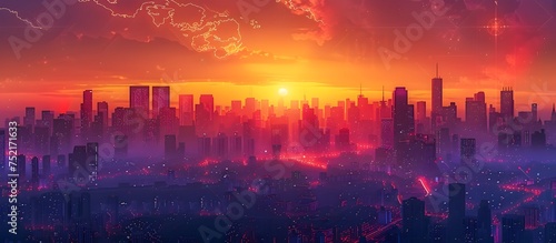 Futuristic City Sunset Anime Aesthetic, To provide a visually appealing and unique digital image for use as a wallpaper or in marketing materials,