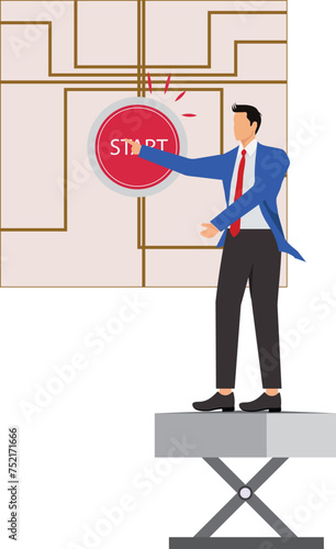 Businessman pushing the big start button