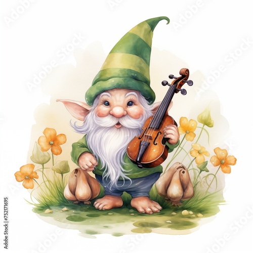 Cute Watercolor St. Patrick   s Day Gnome playing a fiddle amidst