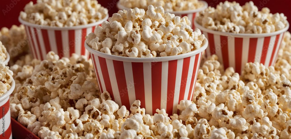 Close up on popcorn cups with lots of popcorn in a movie theater Close up on popcorn cups with lots of popcorn in a movie theater