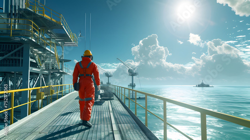A male petroleum engineer in a field coverall walking or standing on a platform at a large offshore upstream oil and gas rig. photo