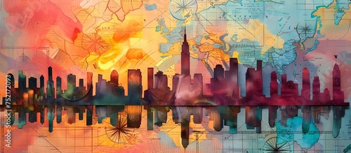 Vibrant Watercolor Map Art of New York City, To provide a beautiful and expressive piece of wall art showcasing the iconic skyline of New York City