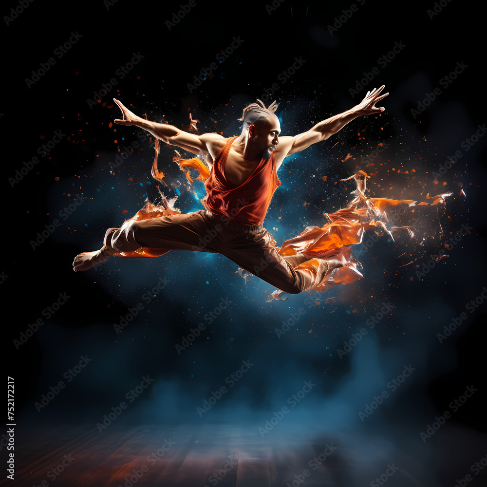 Dynamic shot of a dancer leaping in mid-air. 