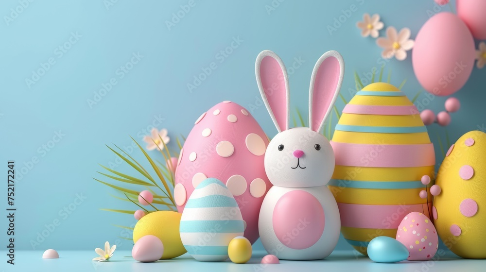 A white rabbit calmly sits surrounded by a minimalistic Happy Easter composition. The scene exudes a sense of tranquility and innocence. A white rabbit calmly sits surrounded by a minimalistic Happy Easter composition. The scene exudes a sense of tranquility and innocence.
