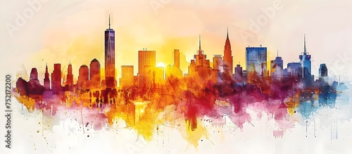 New York City Skyline Watercolor Painting in Golden Hues, To provide a unique and colorful depiction of the New York City skyline for use in a